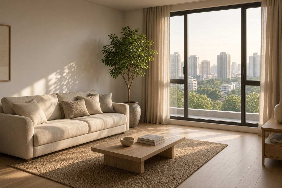 A tidy condominium living room with afternoon light