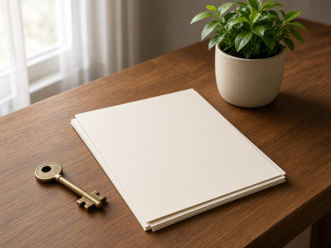 A house key and a plain folder on a wooden table