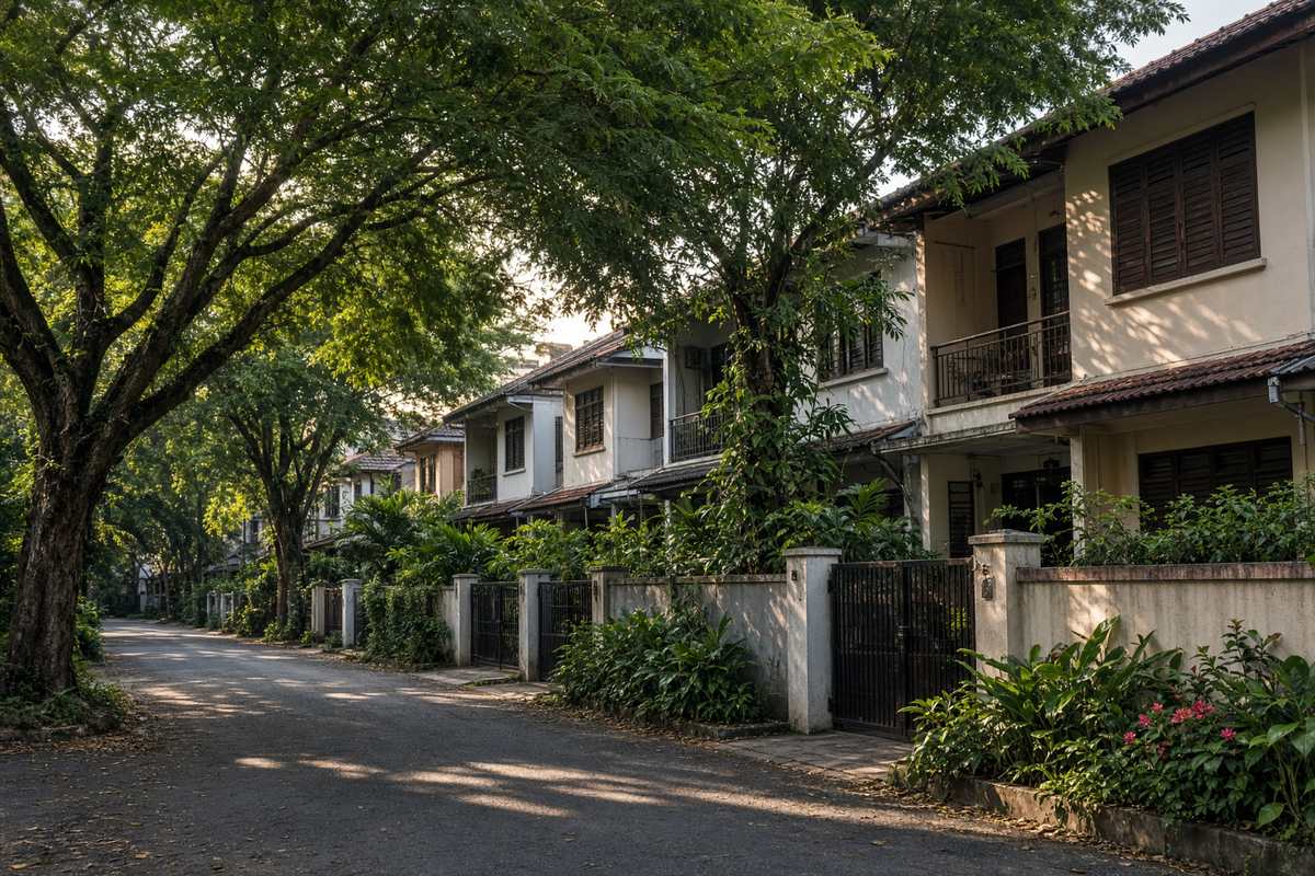 A quiet terrace street with tropical trees